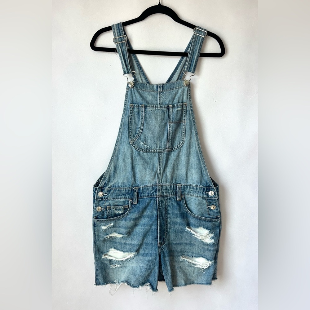 American Eagle Shortall Denim Blue Distressed Overalls Size Medium